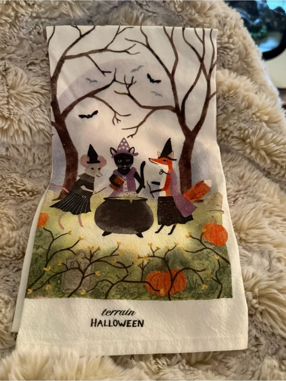Anthropologie Witchy Critters Dish Towel with Colorful Witchy Halloween Scen
